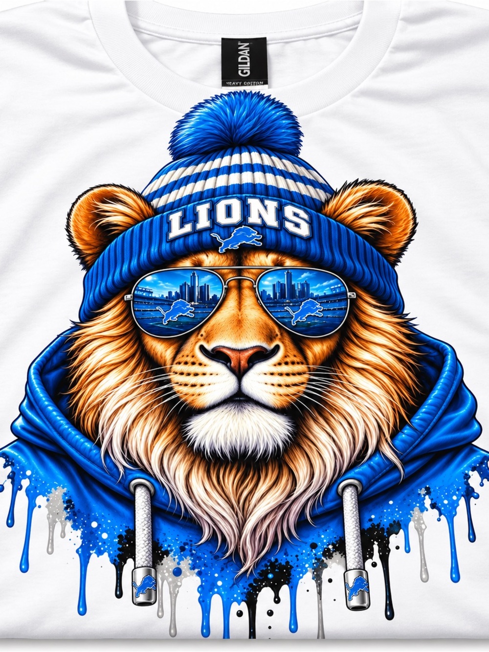 Gildan White Tee with Blue Lions Beanie & Sunglasses Graphic